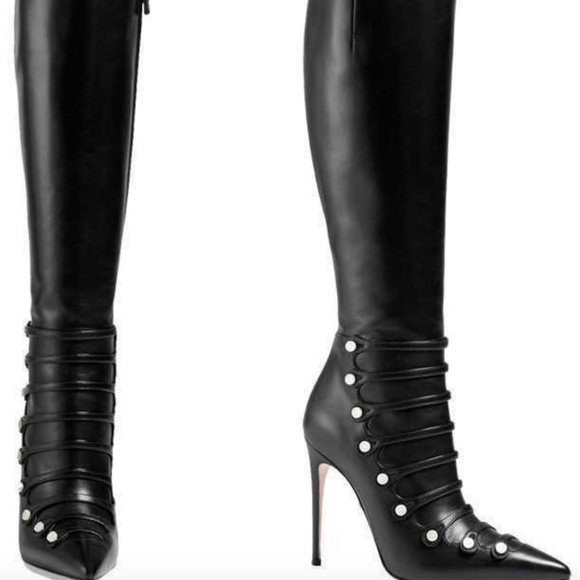 Gucci Aneta GG tall knee high pointed toe black leather pearl button boots 39.5 - Picture 1 of 11